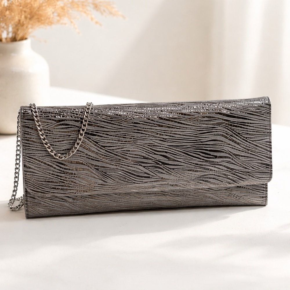 Carlos Falchi Gray Textured Leather Clutch Shoulder Bag Metallic Chain